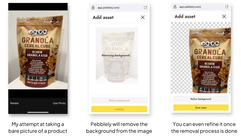 Mobile sequence showing a granola product photo before and after background removal using Pebblely