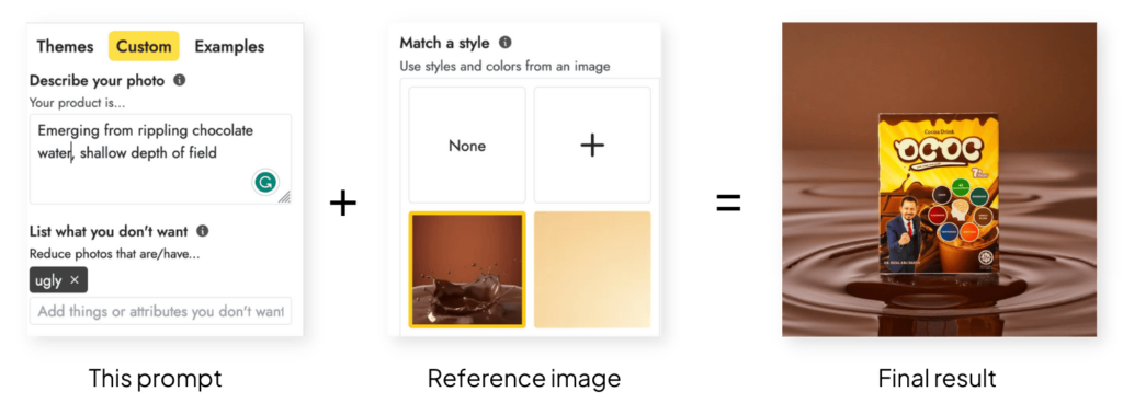 Pebblely's custom feature interface leading to a cocoa product shot amidst rippling chocolate.