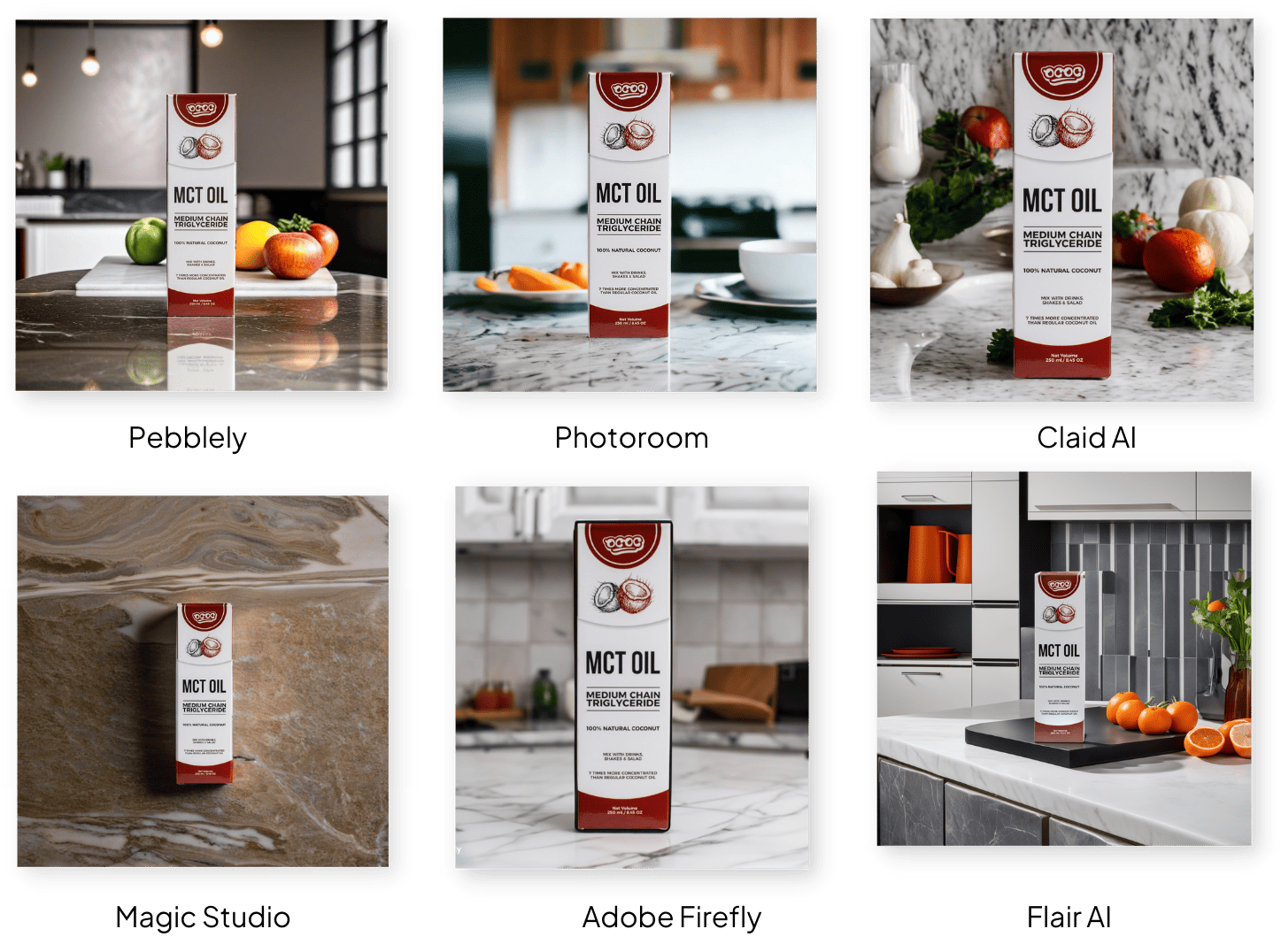Comparison of MCT Oil product photography across six top AI software platforms with a marble tabletop setting in front of a kitchen.